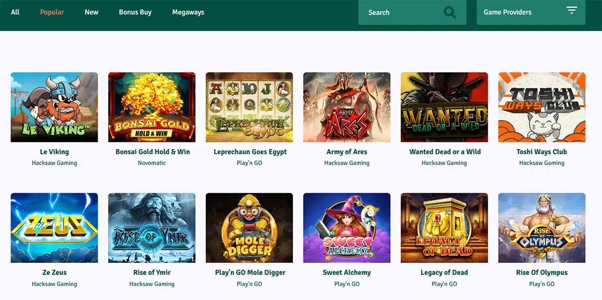 Populaire spellen in Staxino Casino browser, inclusief Le Viking, Bonsai Gold, Army of Ares, Wanted Dead or a Wild en Rise of Olympus