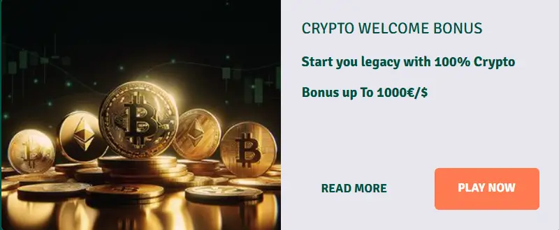 Staxino Casino Crypto Welcome Bonus banner met gouden munten en aanbieding van 100% bonus tot 1000€ voor cryptostortingen
