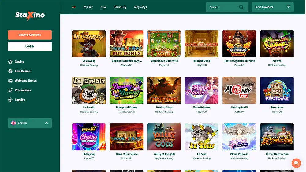 Staxino Casino homepage met een uitgebreid spellenassortiment, waaronder Book of Dead, Le Cowboy, Moon Princess en Valley of the Gods