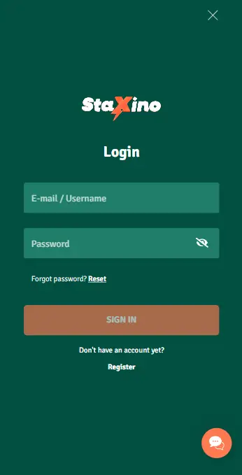 Staxino Casino inlogpagina met velden voor e-mail of gebruikersnaam en wachtwoord, inclusief wachtwoord vergeten optie