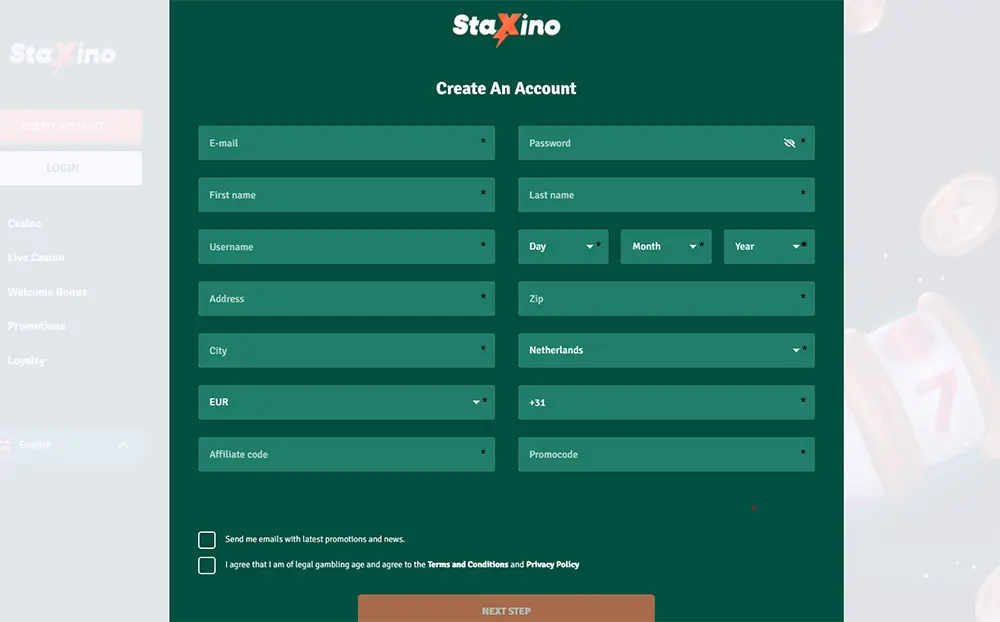 Staxino Casino registratieformulier met velden voor e-mail, wachtwoord, naam, adres en promocode